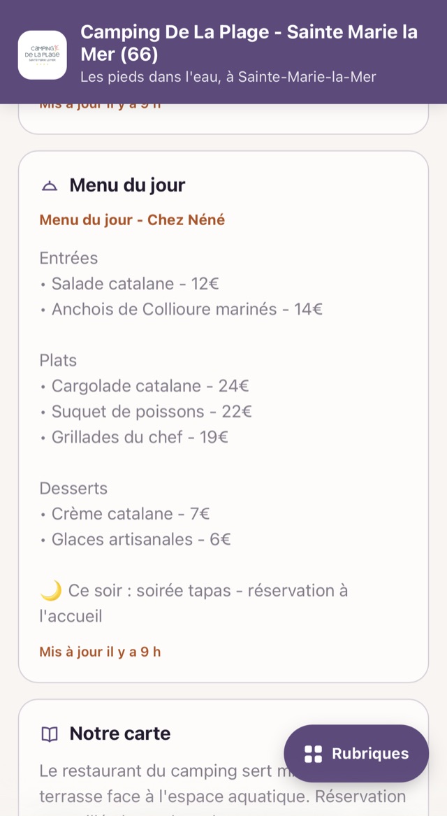 Le menu du jour dans l'app, mis à jour du téléphone
