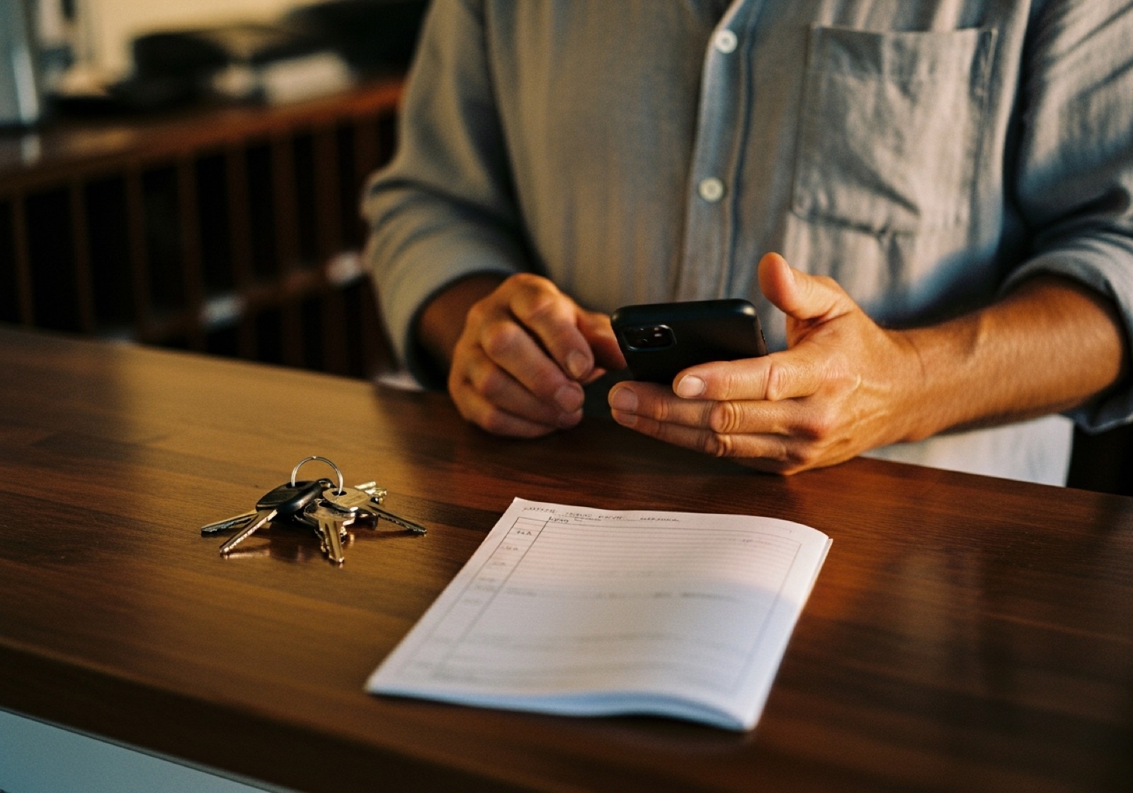 Un gérant derrière son comptoir de réception, téléphone en main