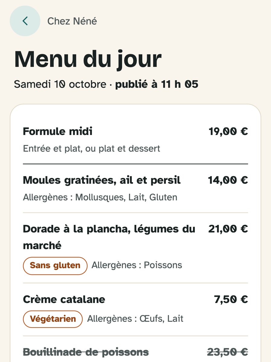 Le menu du jour publié dans l'app, avec son heure de publication