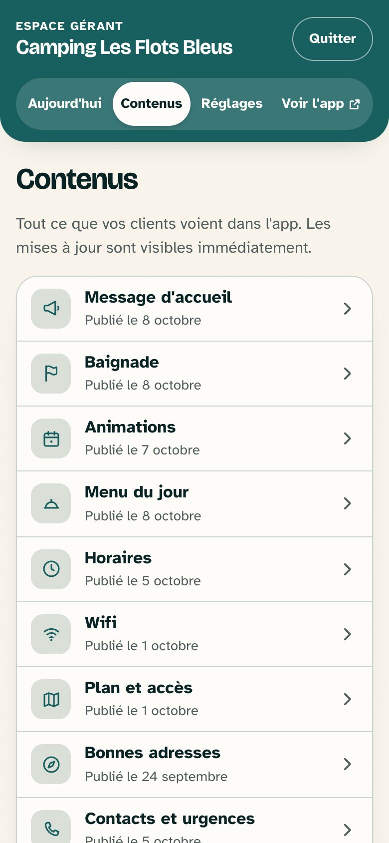 L'espace gérant d'un camping : la liste des rubriques de l'app, chacune avec sa date de publication