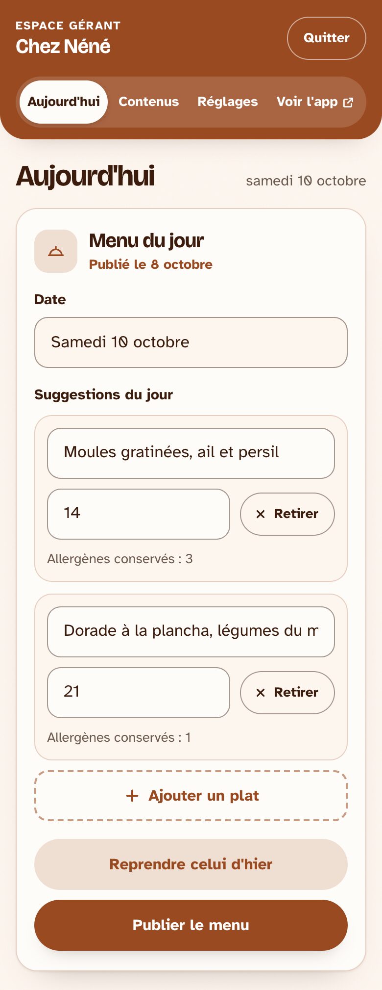 L'espace gérant d'un restaurant : le menu du jour avec deux plats et leurs prix, et les boutons Reprendre celui d'hier et Publier le menu