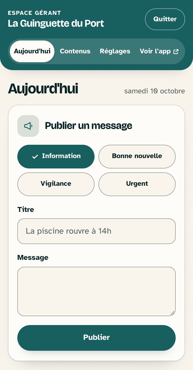 L'espace gérant d'une guinguette : publier un message aux clients, de type information, bonne nouvelle, vigilance ou urgent