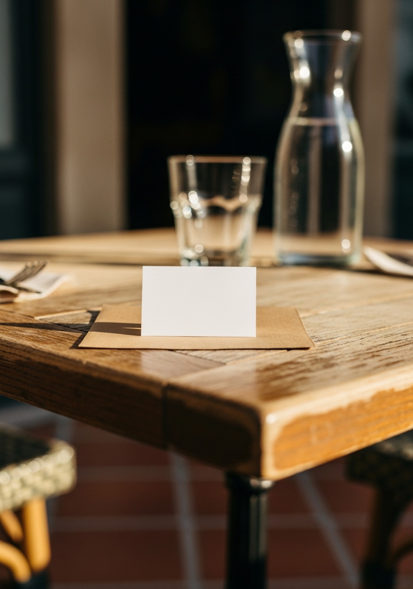 Un chevalet kraft posé sur une table de terrasse, prêt à recevoir le QR code